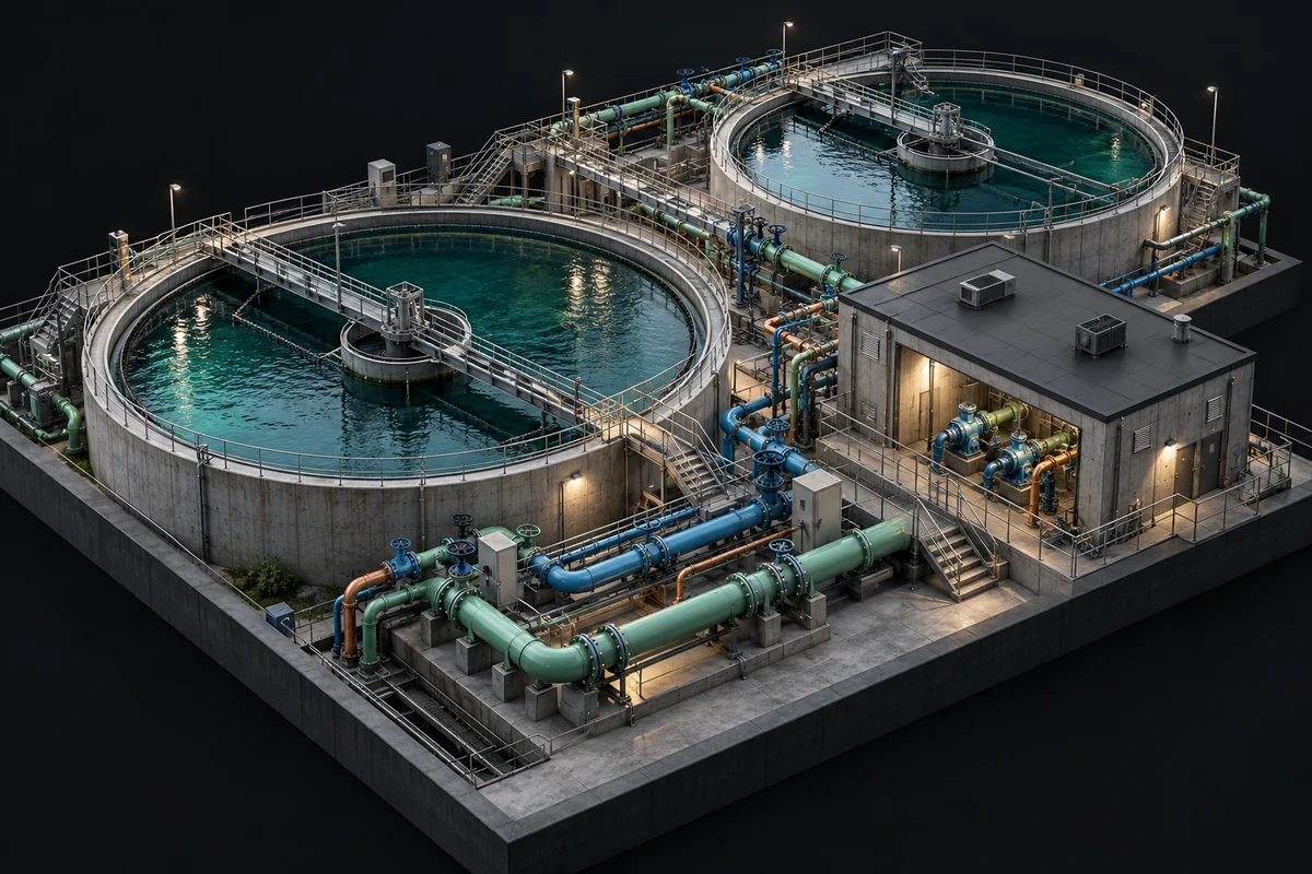Water structures with tanks, pipework and walkways
